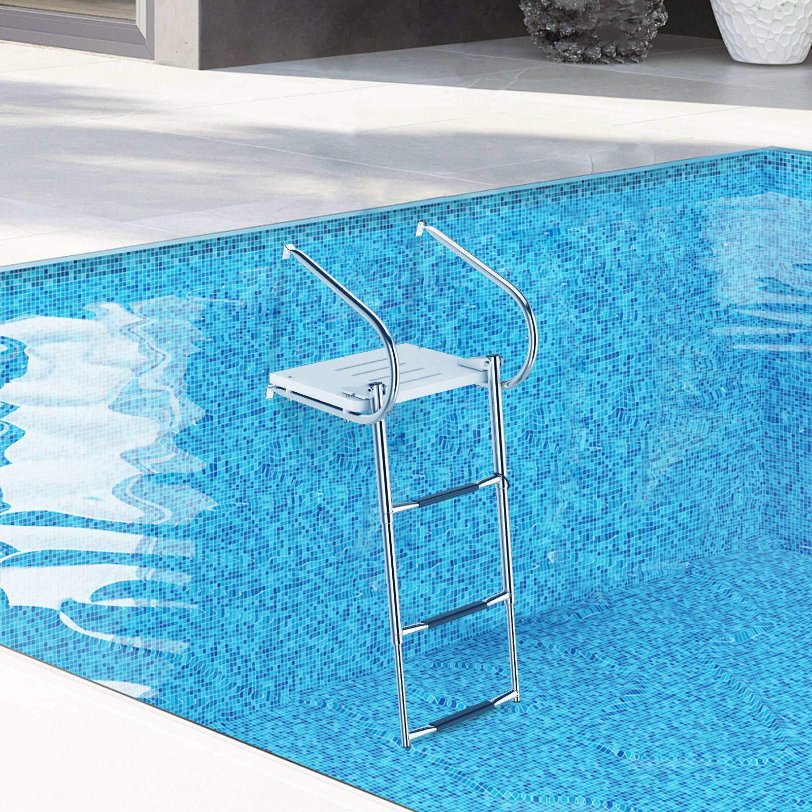 3-Step Telescoping Boat Ladder with Fiberglass Platform and Handrails, Silver Swimming Pools   at Gallery Canada