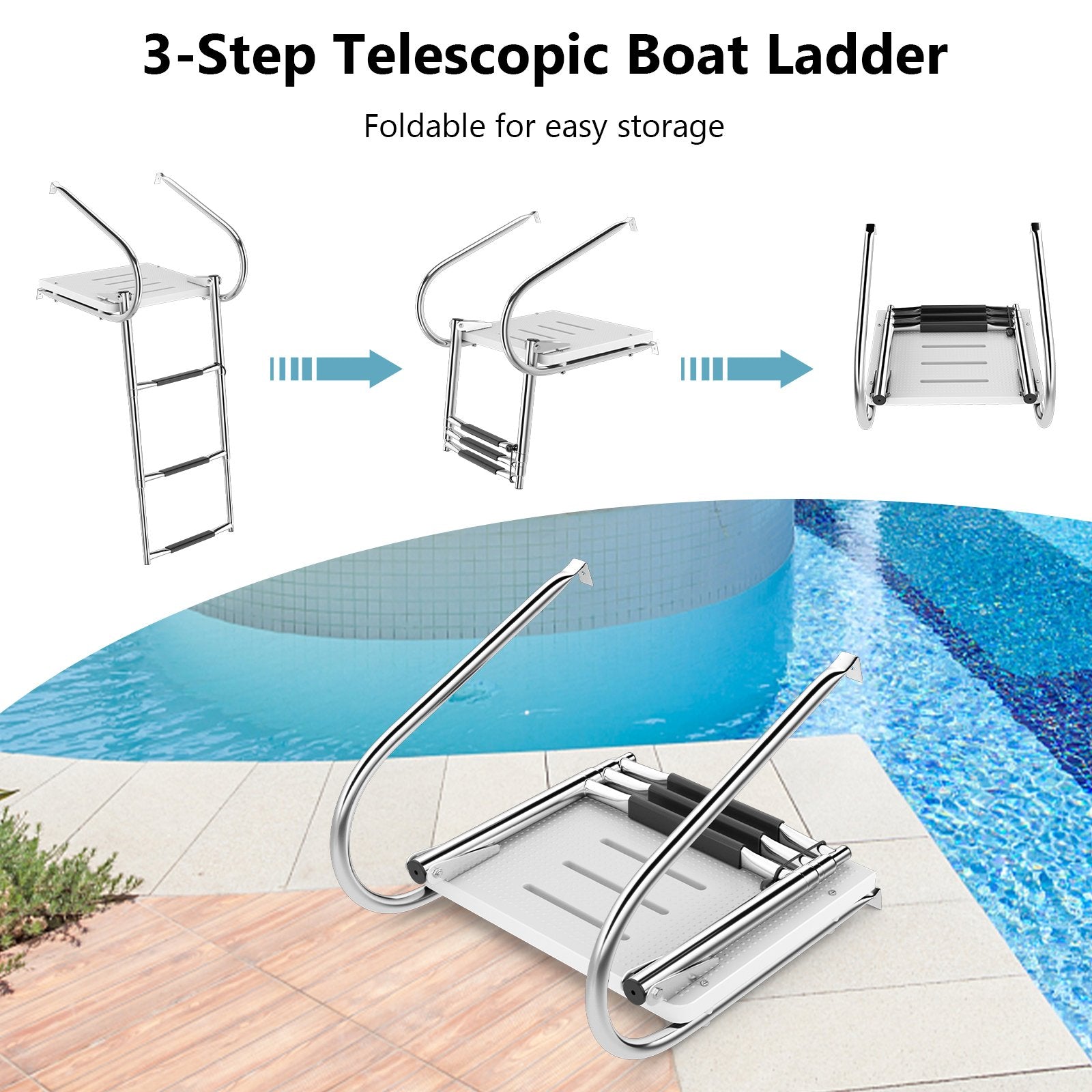 3-Step Telescoping Boat Ladder with Fiberglass Platform and Handrails, Silver Swimming Pools   at Gallery Canada