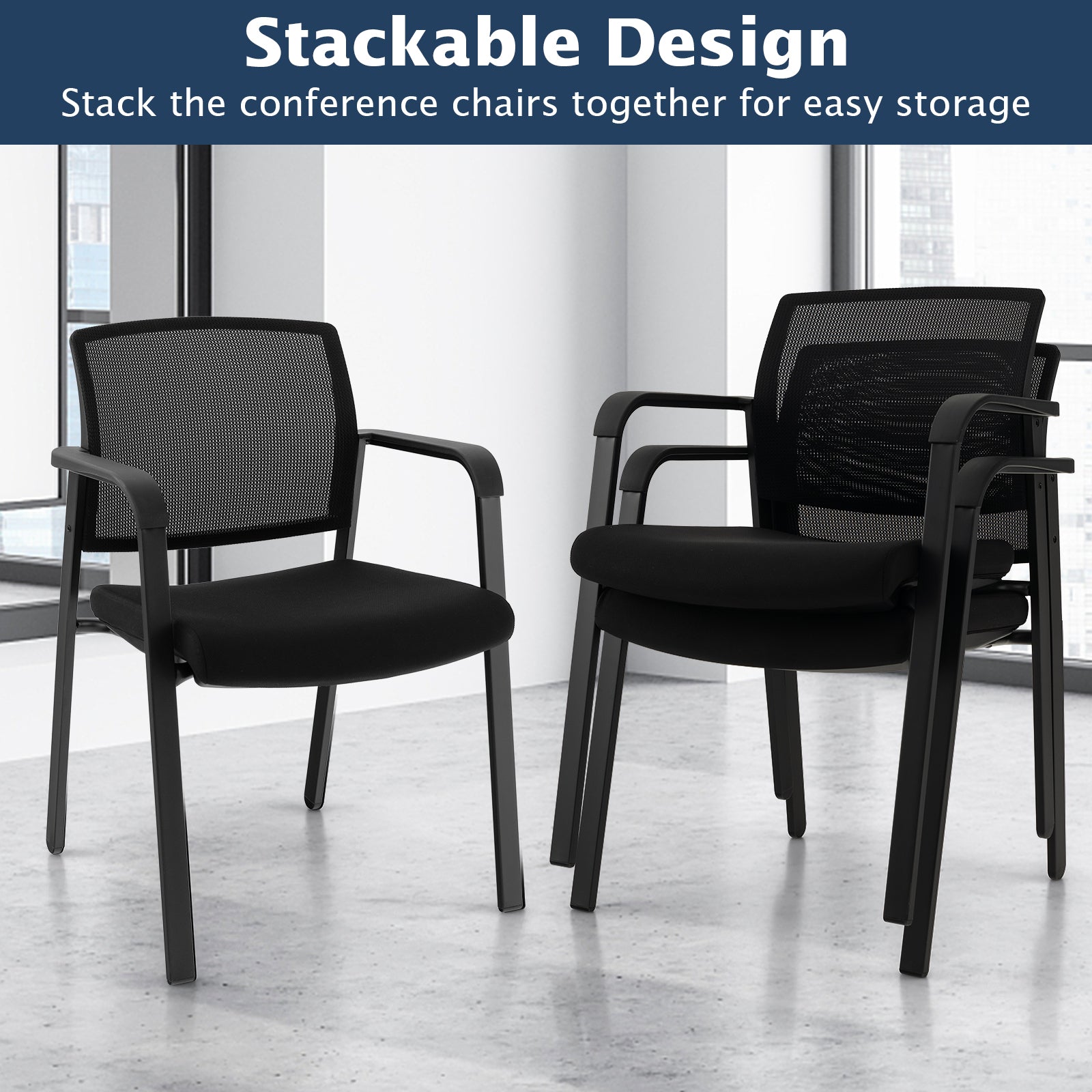 Set of 2 Stackable Reception Room Chairs with Padded Seat, Black Conference Chairs   at Gallery Canada