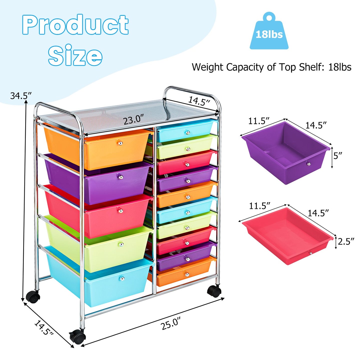 15-Drawer Utility Rolling Organizer Cart Multi-Use Storage, Multicolor - Gallery Canada