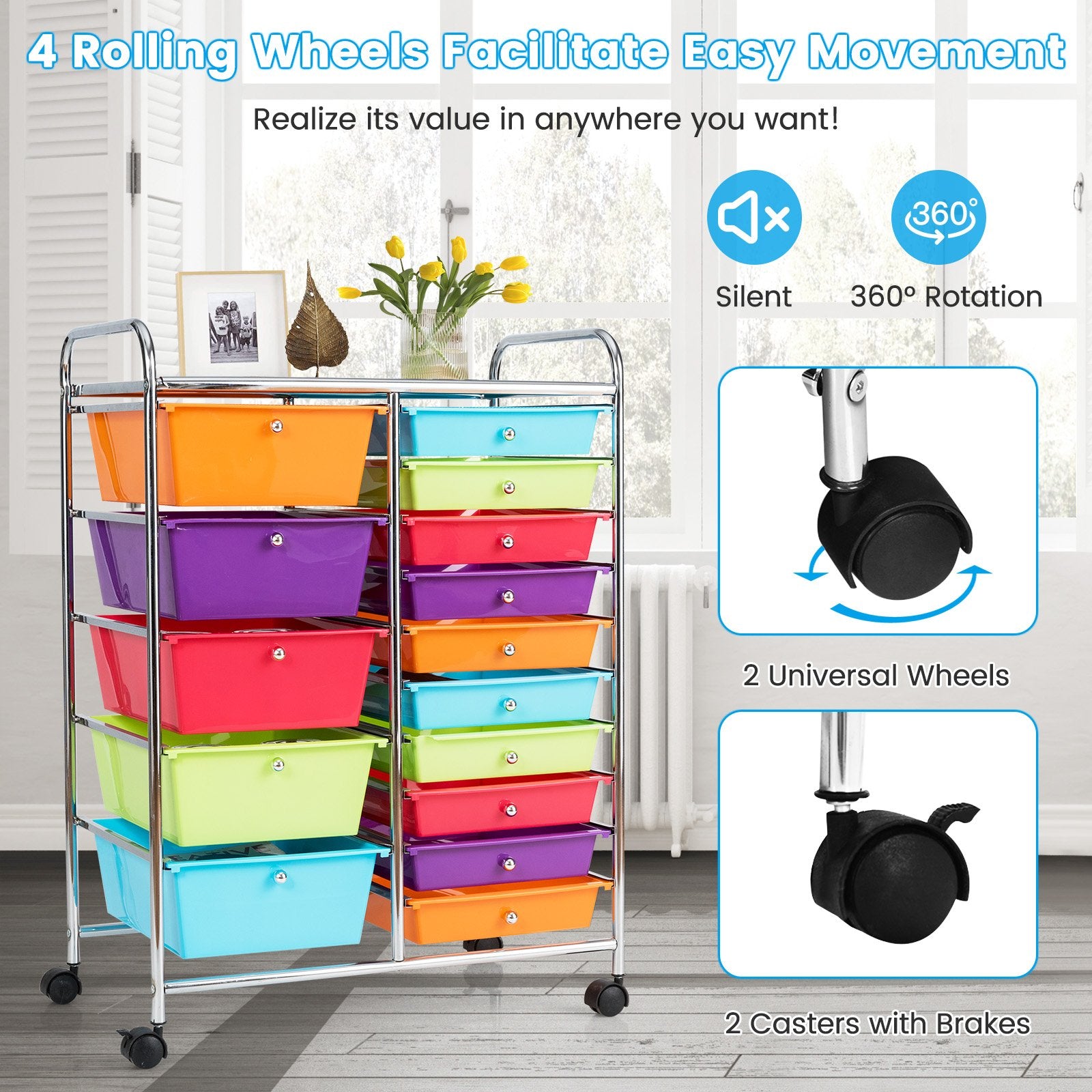 15-Drawer Utility Rolling Organizer Cart Multi-Use Storage, Multicolor - Gallery Canada