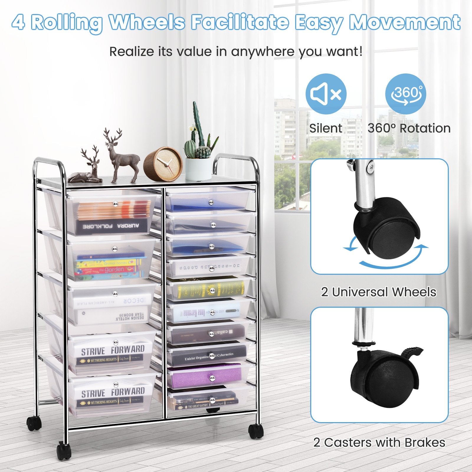 15-Drawer Utility Rolling Organizer Cart Multi-Use Storage, Transparent - Gallery Canada