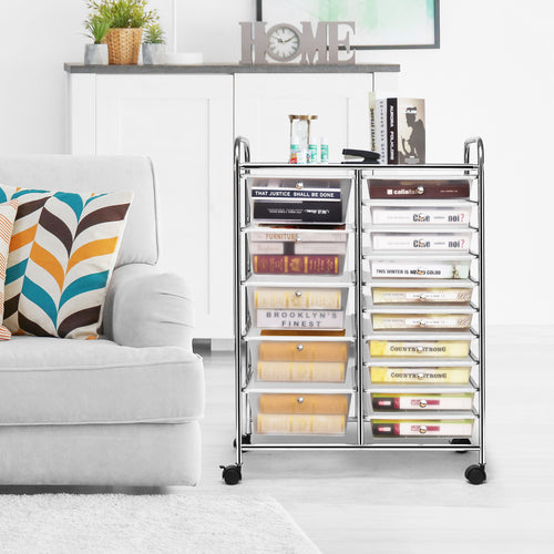 15-Drawer Utility Rolling Organizer Cart Multi-Use Storage, Transparent