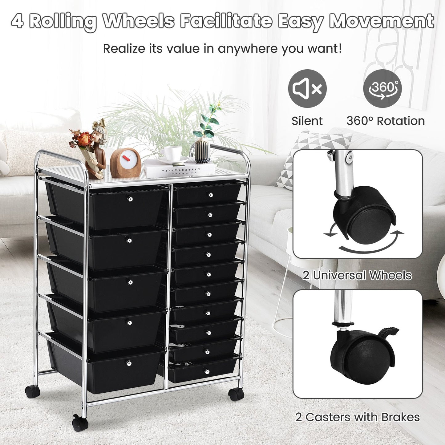 15-Drawer Utility Rolling Organizer Cart Multi-Use Storage, Black File Cabinets   at Gallery Canada