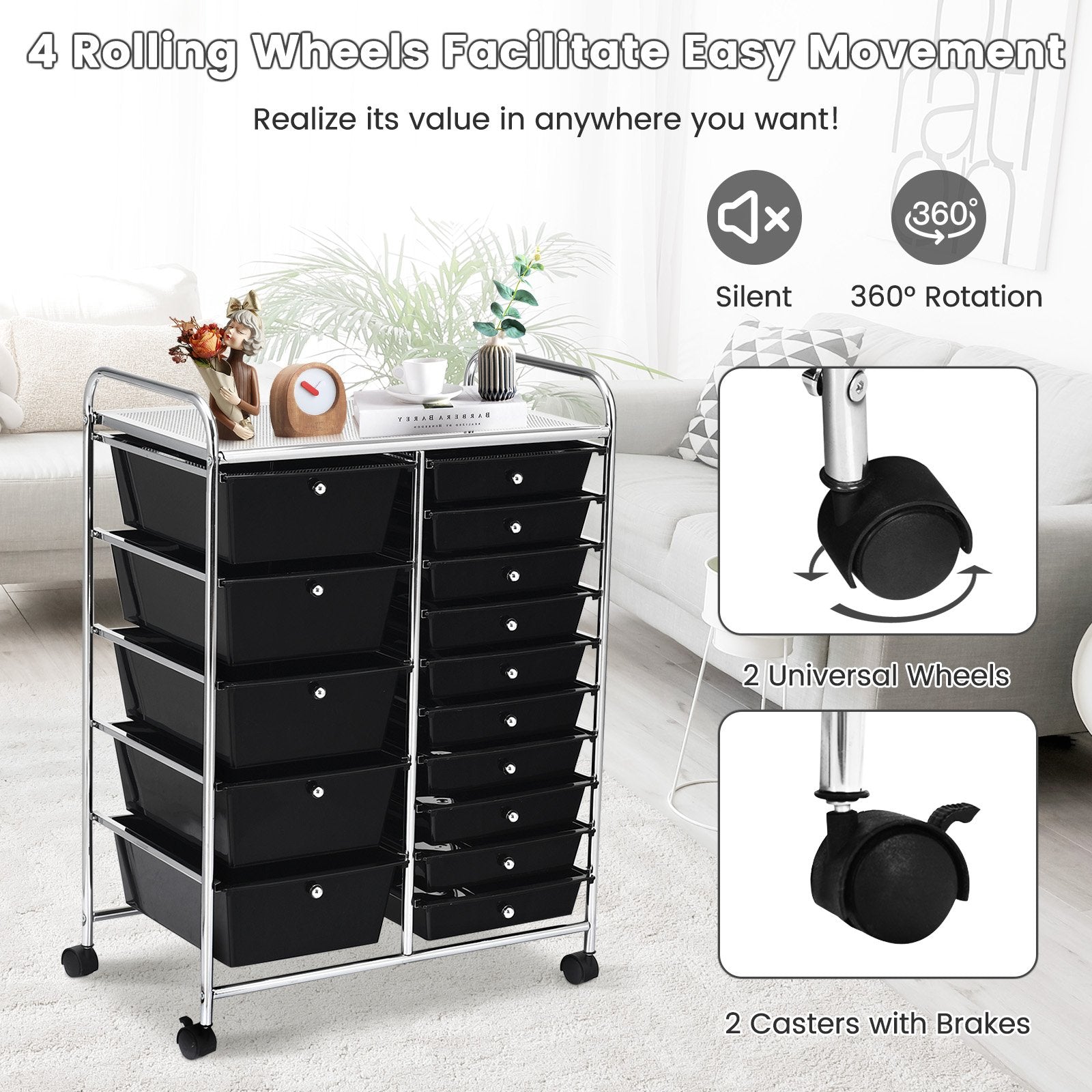 15-Drawer Utility Rolling Organizer Cart Multi-Use Storage, Black - Gallery Canada