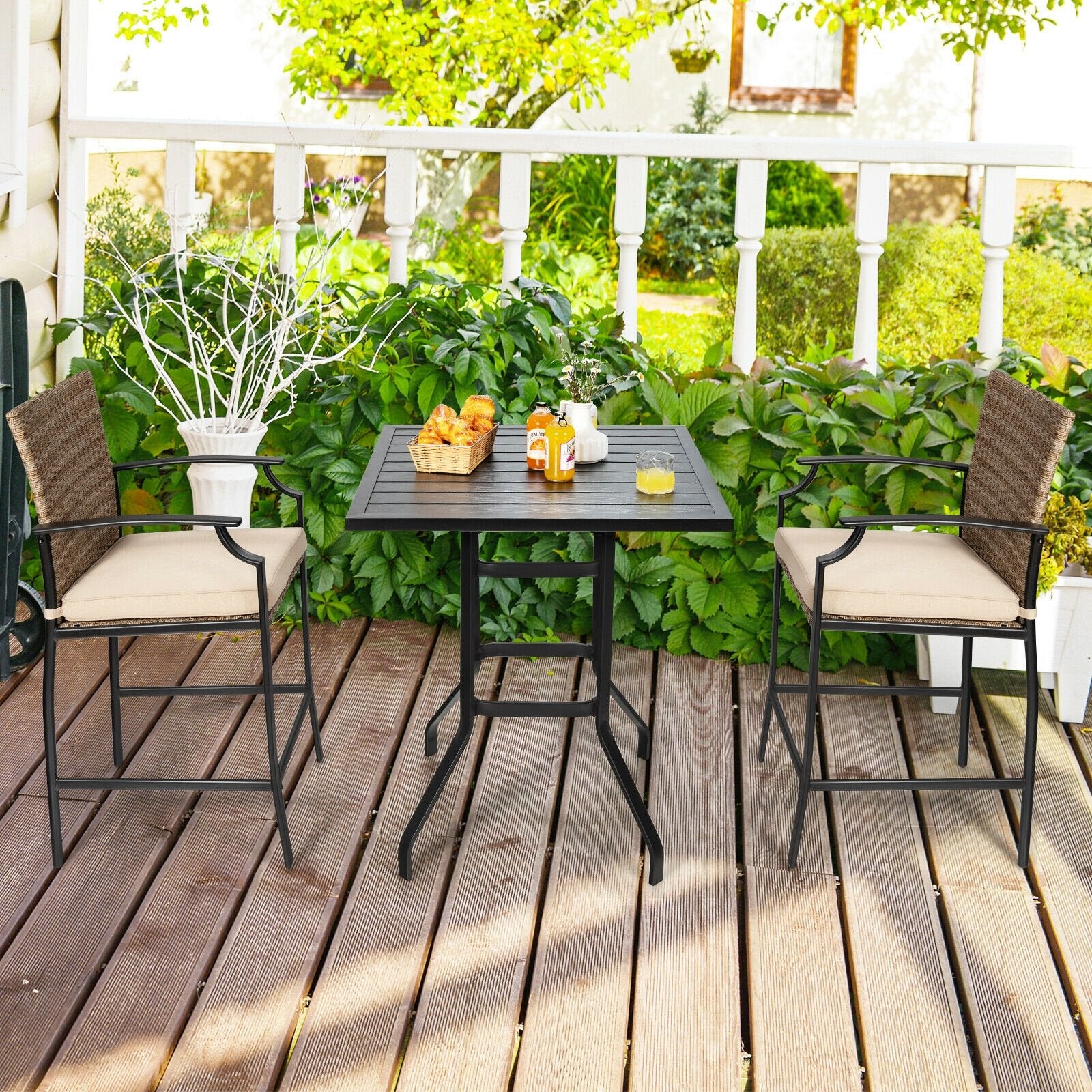 Patio Rattan Bar Stools Set of 4 with Soft Cushions, Beige Patio Bar Furniture   at Gallery Canada