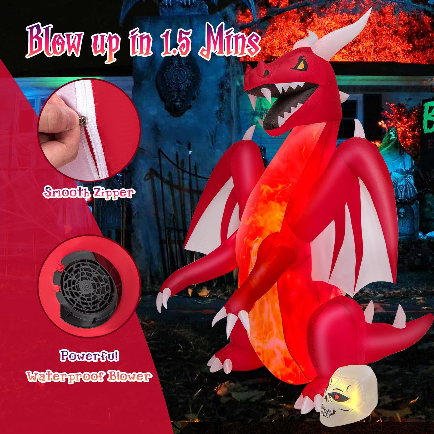 8 Feet Halloween Inflatables Blow-up Red Dragon with Wings Skull, Red - Gallery Canada