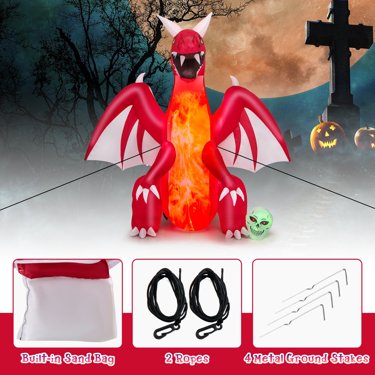 8 Feet Halloween Inflatables Blow-up Red Dragon with Wings Skull, Red - Gallery Canada