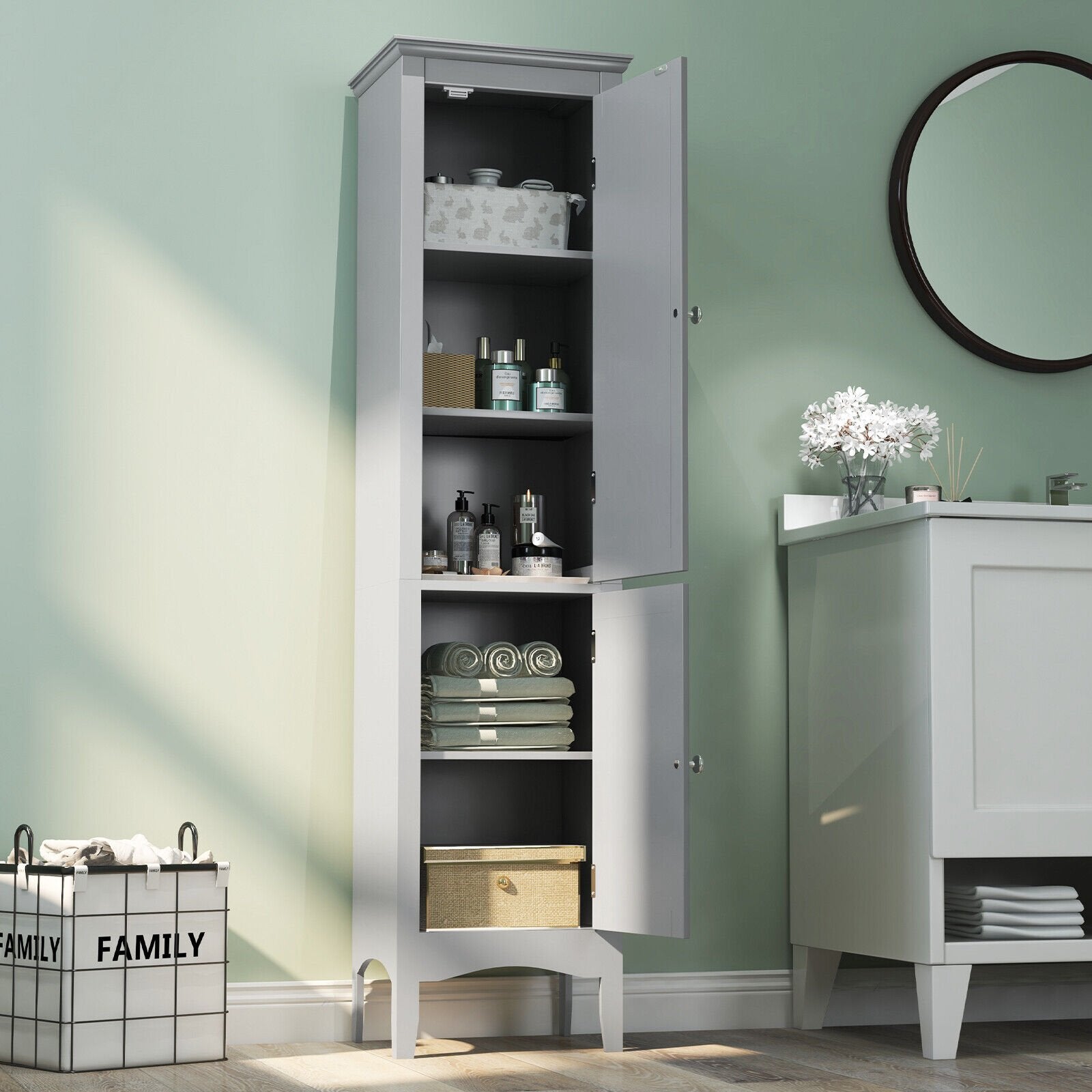 Tall Bathroom Floor Cabinet with Shutter Doors and Adjustable Shelf, Gray Floor Cabinets   at Gallery Canada