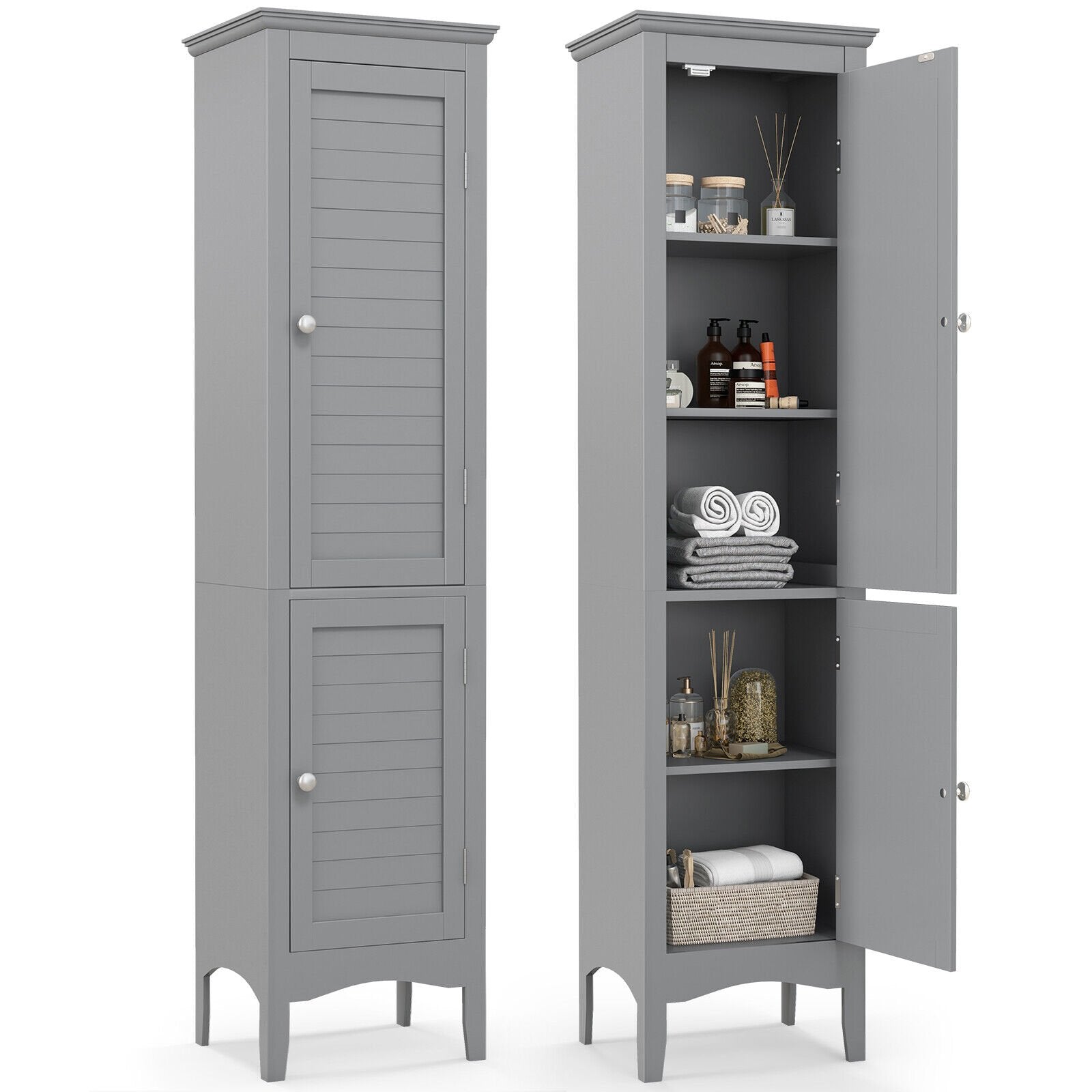 Tall Bathroom Floor Cabinet with Shutter Doors and Adjustable Shelf, Gray Floor Cabinets   at Gallery Canada