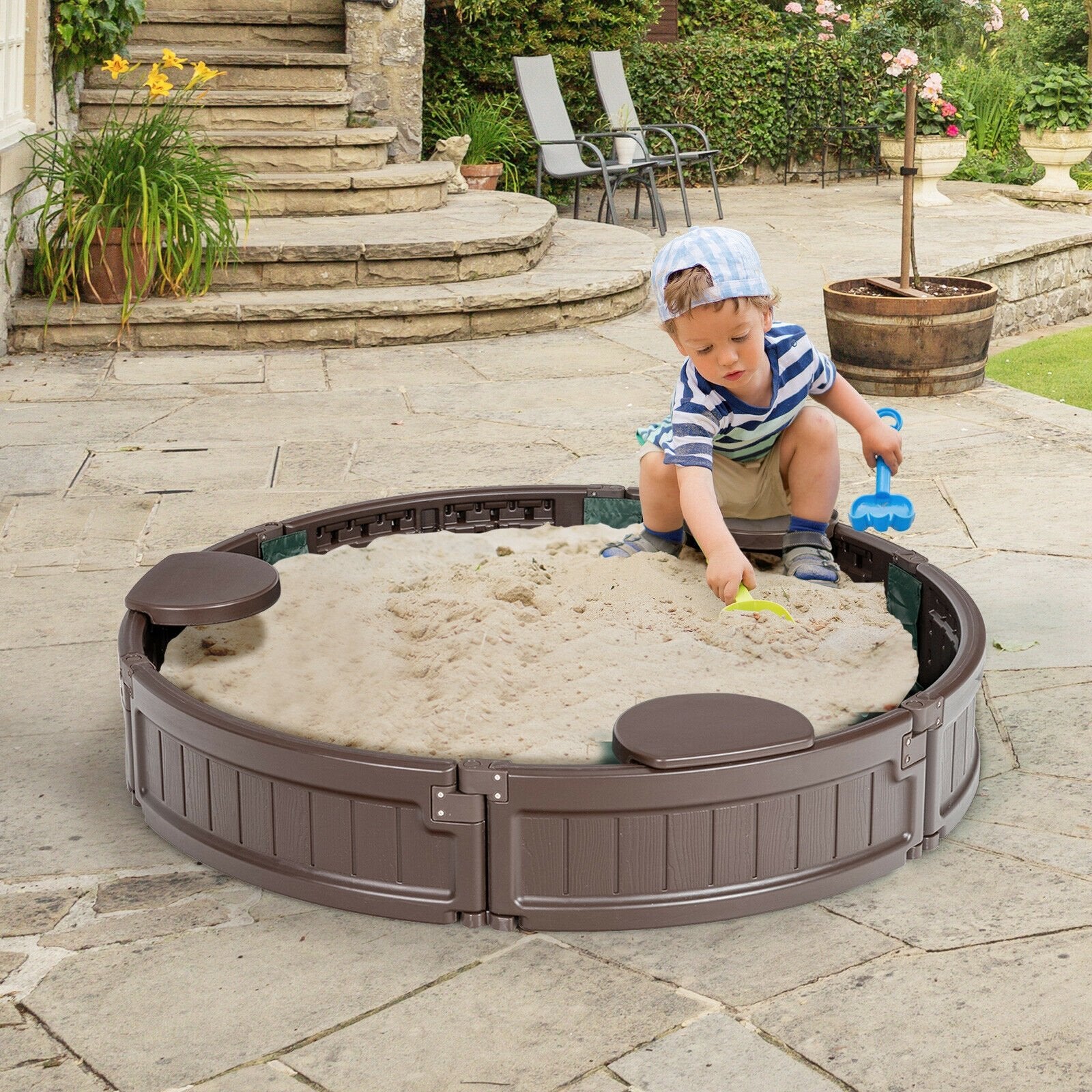 Sandbox with Built-in Corner Seat and Cover, Brown Sandboxes   at Gallery Canada