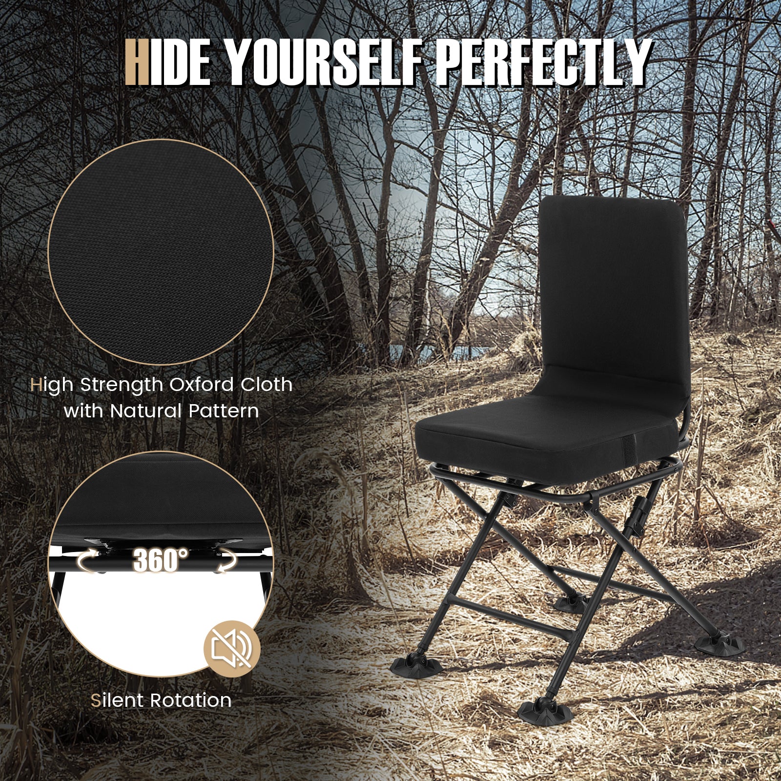 Swivel Folding Chair with Backrest and Padded Cushion, Black Camping Furniture at Gallery Canada