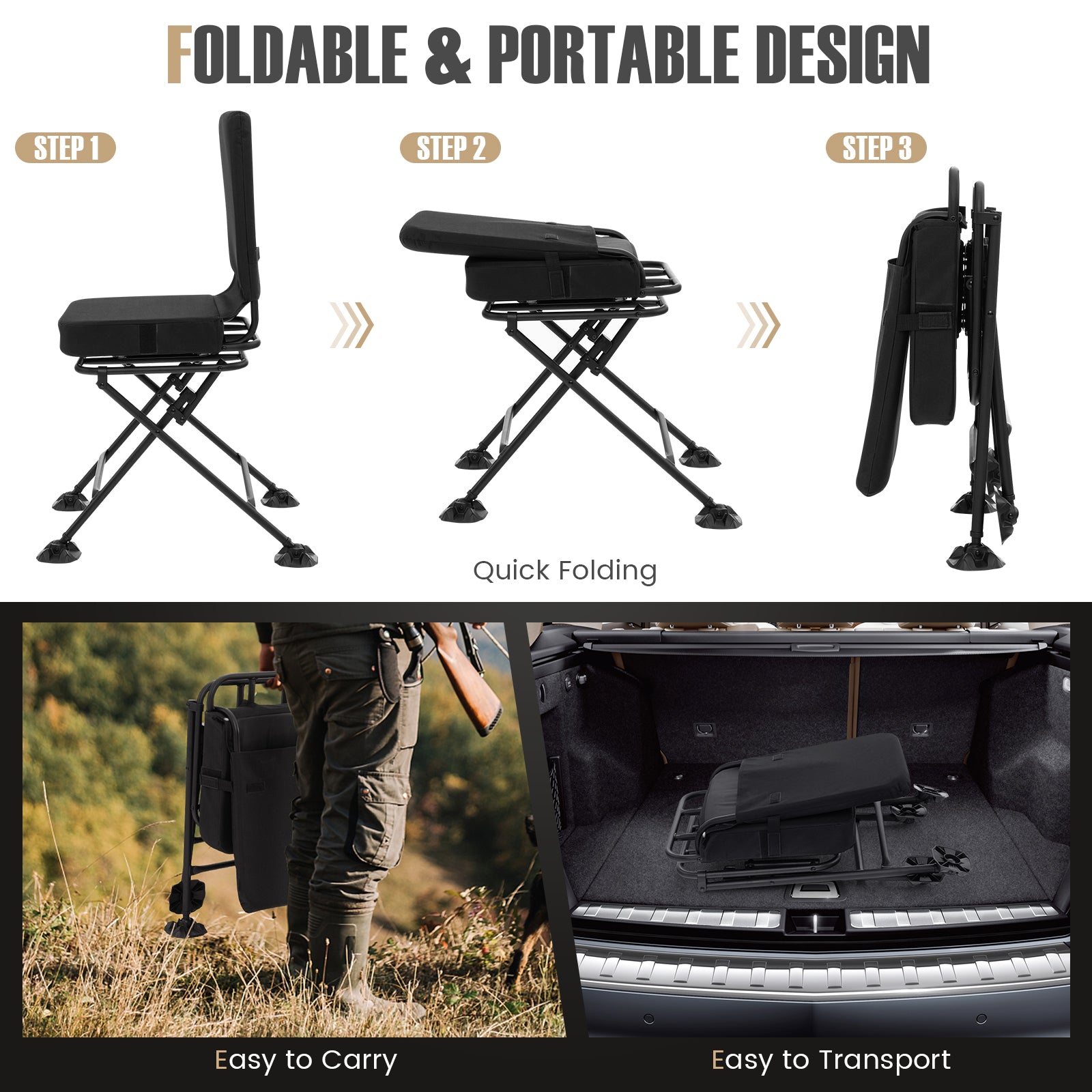 Swivel Folding Chair with Backrest and Padded Cushion, Black Camping Furniture at Gallery Canada