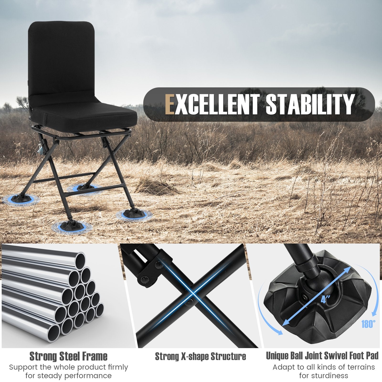 Swivel Folding Chair with Backrest and Padded Cushion, Black Camping Furniture   at Gallery Canada