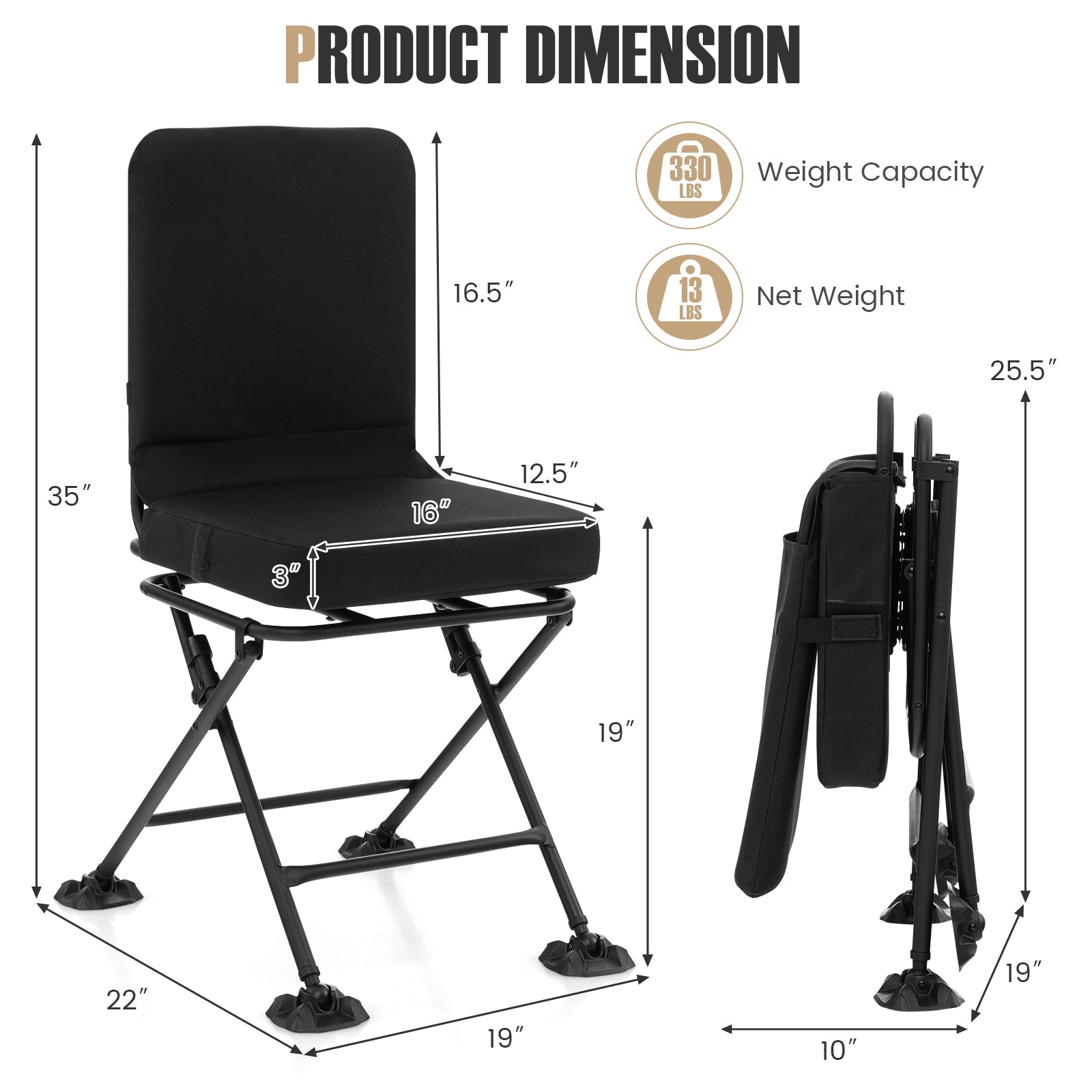 Swivel Folding Chair with Backrest and Padded Cushion, Black Camping Furniture at Gallery Canada