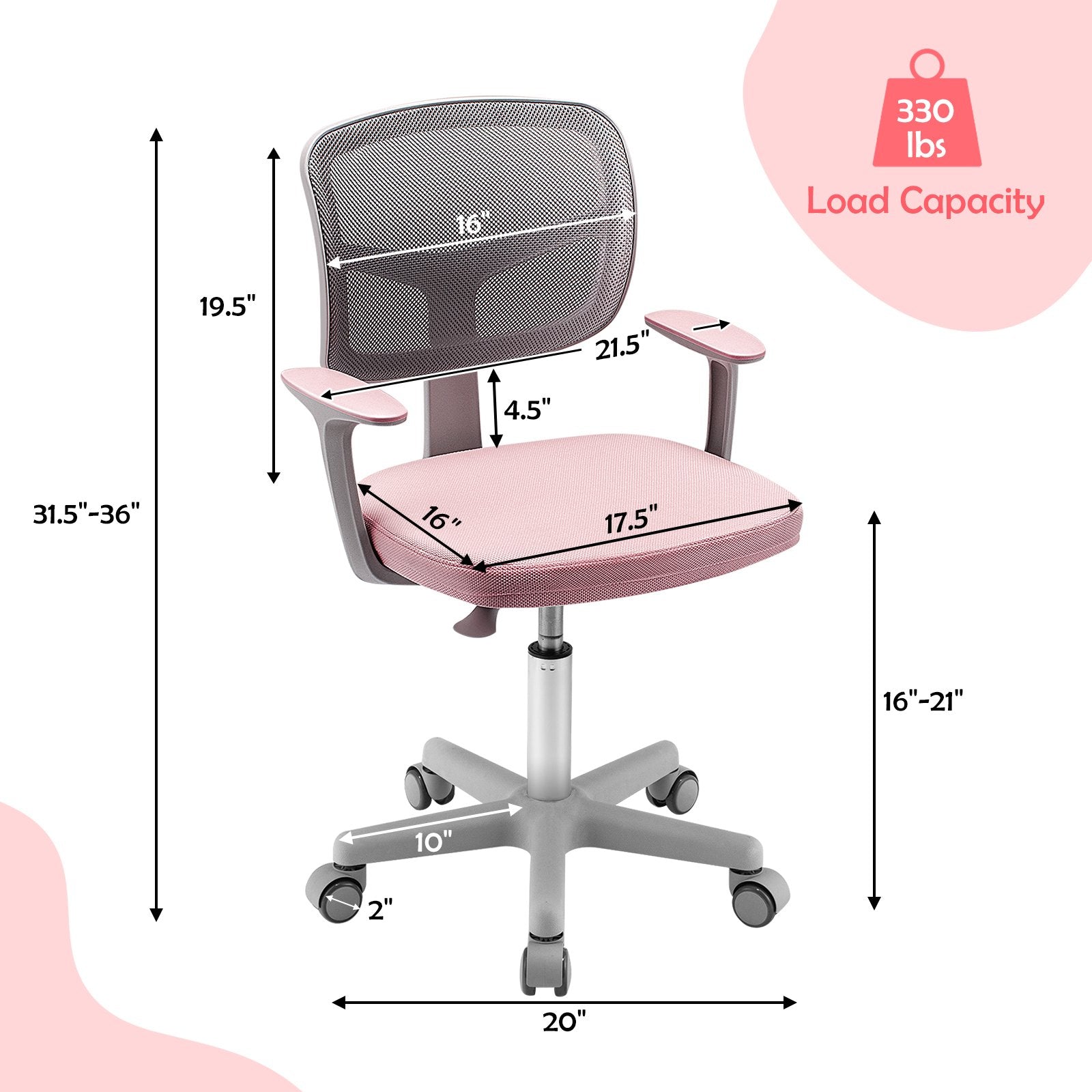 Adjustable Desk Chair with Auto Brake Casters for Kids, Pink Kids Chairs & Seating   at Gallery Canada