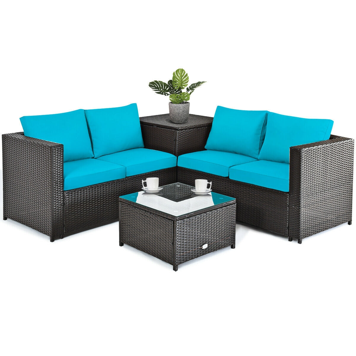 4 Pieces Outdoor Patio Rattan Furniture Set with Cushioned Loveseat and Storage Box, Turquoise Outdoor Sectionals Turquoise  at Gallery Canada