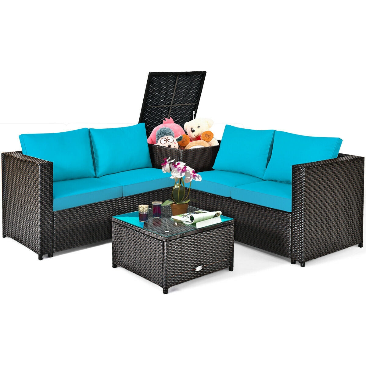 4 Pieces Outdoor Patio Rattan Furniture Set with Cushioned Loveseat and Storage Box, Turquoise Outdoor Sectionals   at Gallery Canada