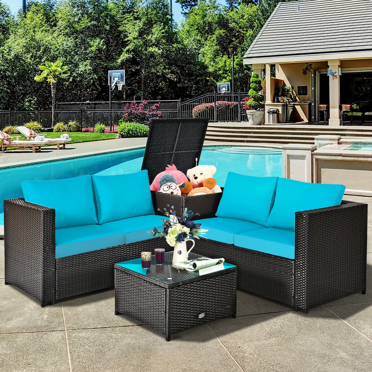 4 Pieces Outdoor Patio Rattan Furniture Set with Cushioned Loveseat and Storage Box, Turquoise Outdoor Sectionals   at Gallery Canada