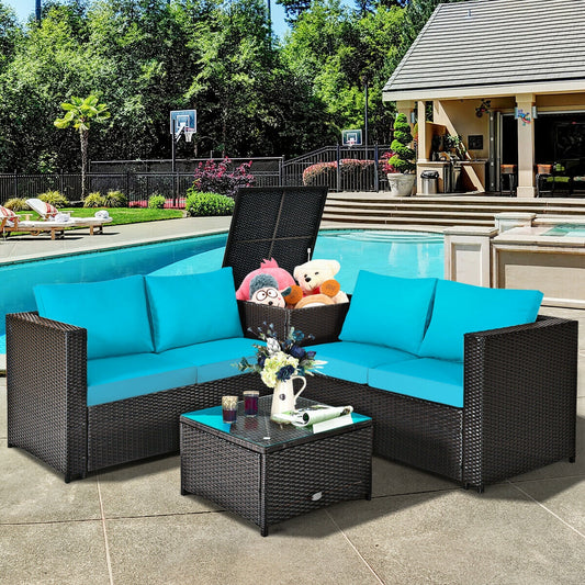 4 Pieces Outdoor Patio Rattan Furniture Set with Cushioned Loveseat and Storage Box, Turquoise Outdoor Sectionals Turquoise  at Gallery Canada