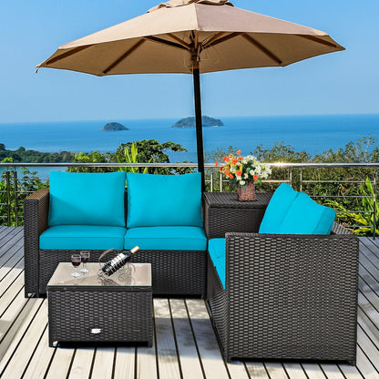 4 Pieces Outdoor Patio Rattan Furniture Set with Cushioned Loveseat and Storage Box, Turquoise Outdoor Sectionals   at Gallery Canada