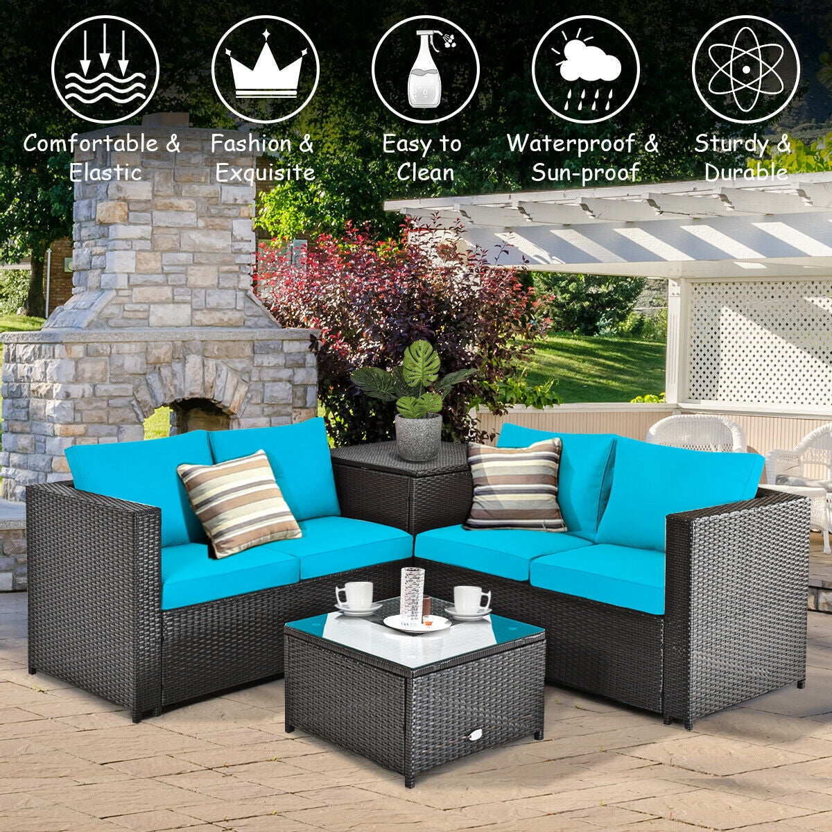 4 Pieces Outdoor Patio Rattan Furniture Set with Cushioned Loveseat and Storage Box, Turquoise Outdoor Sectionals   at Gallery Canada