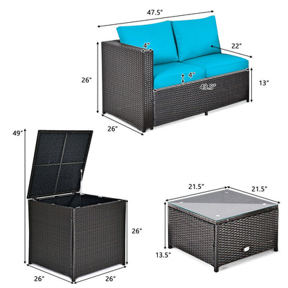 4 Pieces Outdoor Patio Rattan Furniture Set with Cushioned Loveseat and Storage Box, Turquoise Outdoor Sectionals   at Gallery Canada