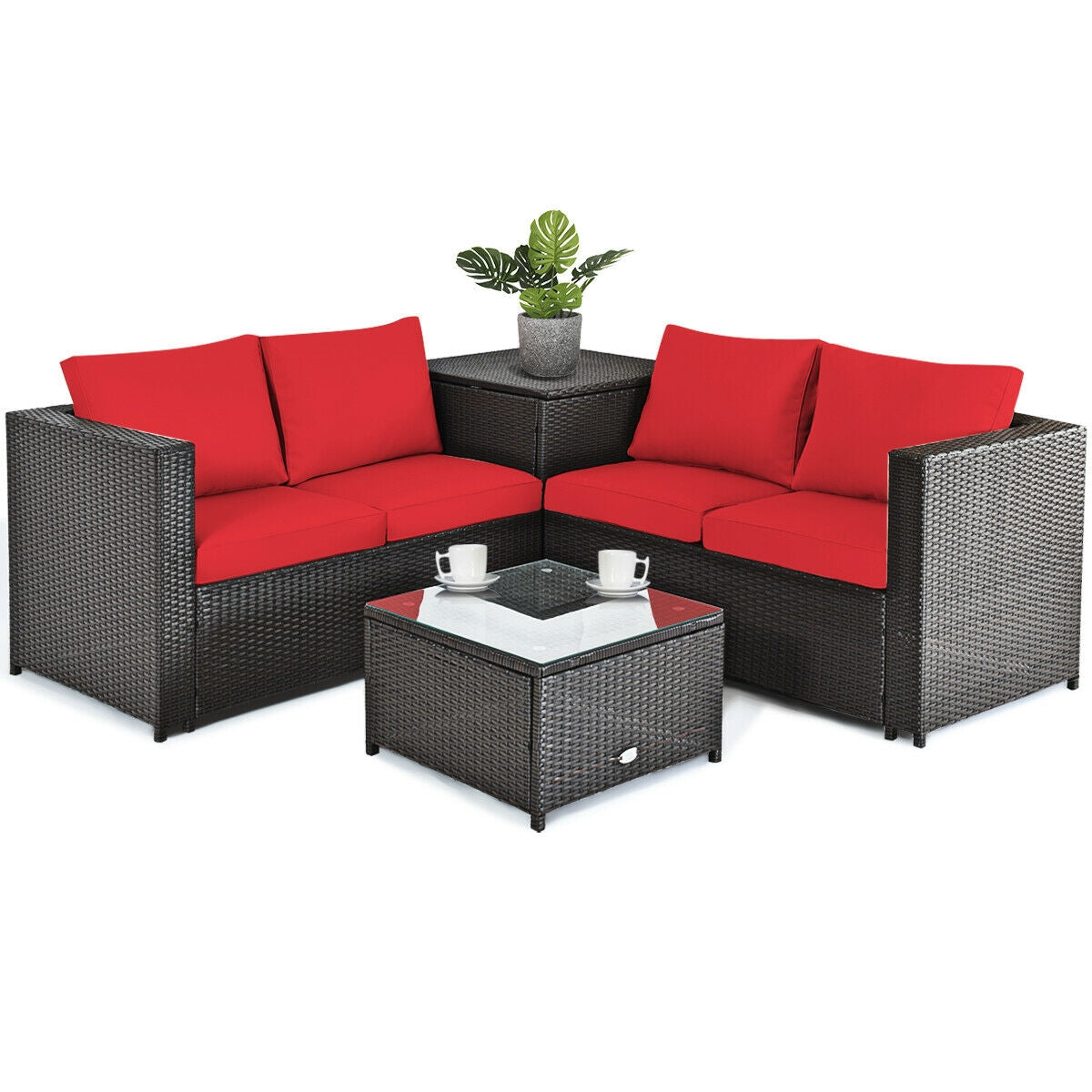 4 Pieces Outdoor Patio Rattan Furniture Set with Cushioned Loveseat and Storage Box, Red Outdoor Sectionals Red  at Gallery Canada