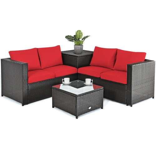 4 Pieces Outdoor Patio Rattan Furniture Set with Cushioned Loveseat and Storage Box, Red