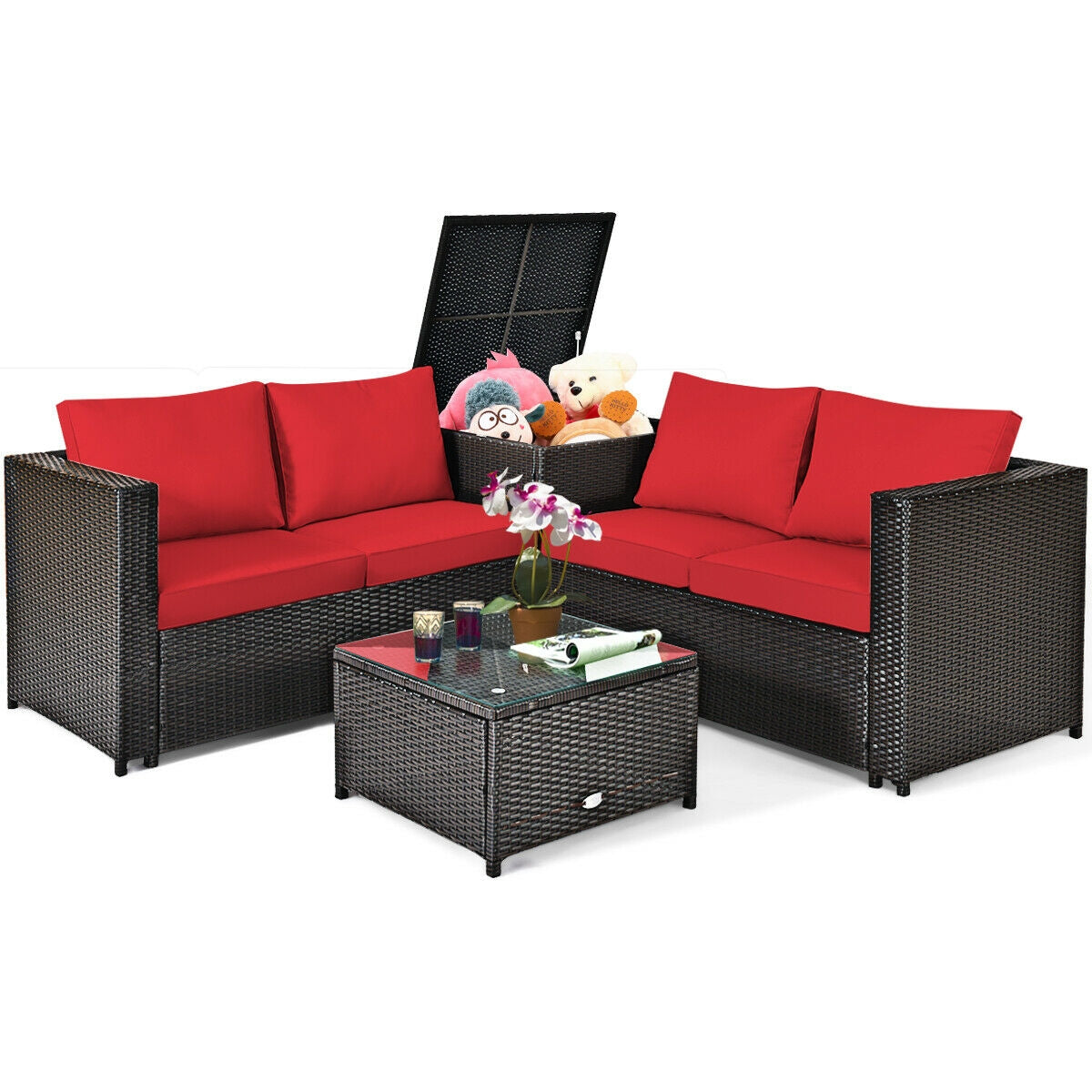 4 Pieces Outdoor Patio Rattan Furniture Set with Cushioned Loveseat and Storage Box, Red Outdoor Sectionals   at Gallery Canada