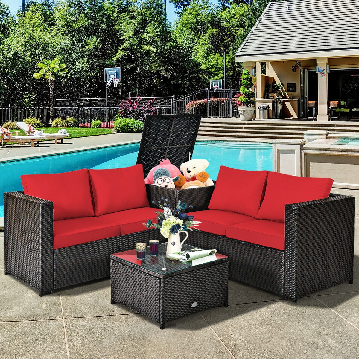 4 Pieces Outdoor Patio Rattan Furniture Set with Cushioned Loveseat and Storage Box, Red Outdoor Sectionals   at Gallery Canada