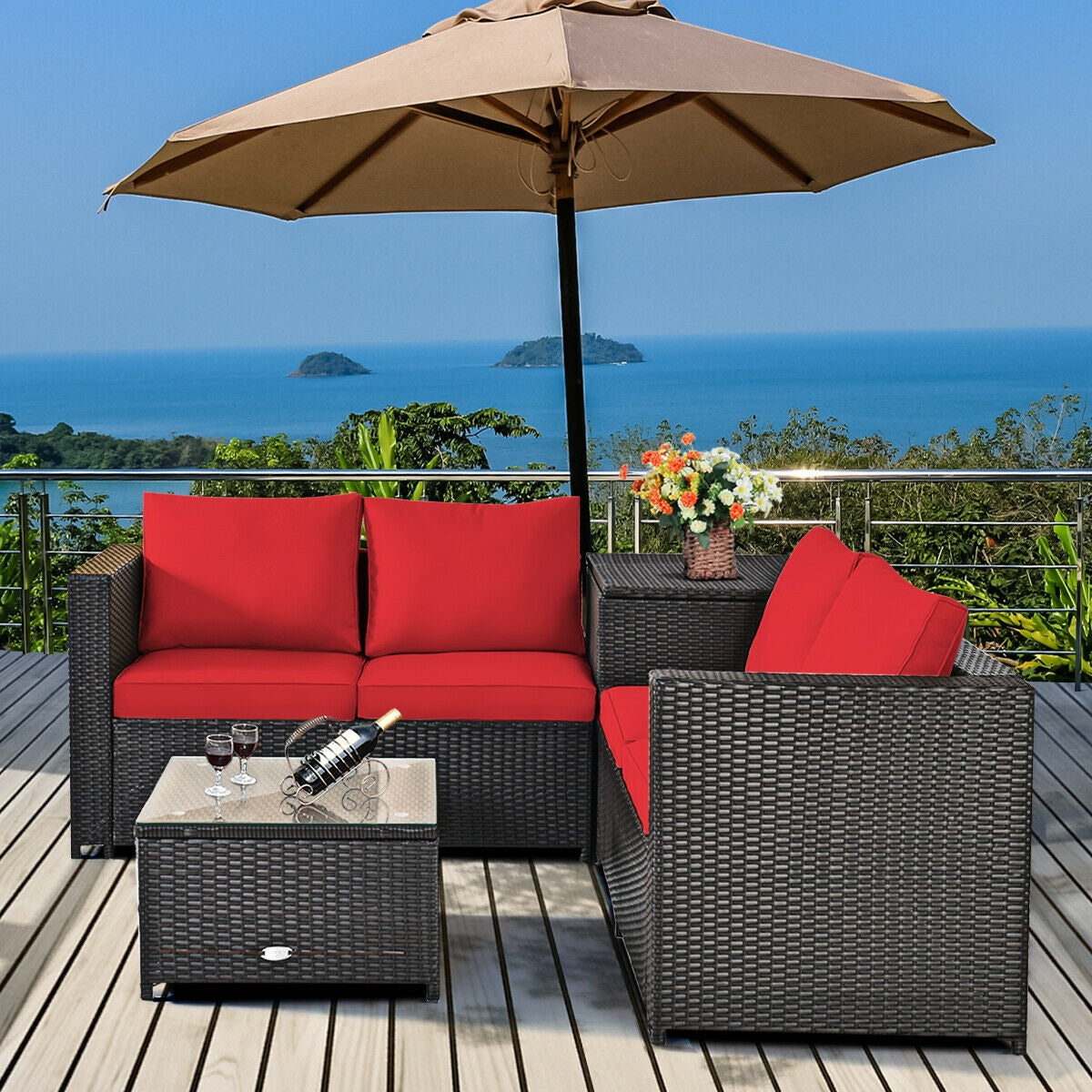 4 Pieces Outdoor Patio Rattan Furniture Set with Cushioned Loveseat and Storage Box, Red Outdoor Sectionals   at Gallery Canada