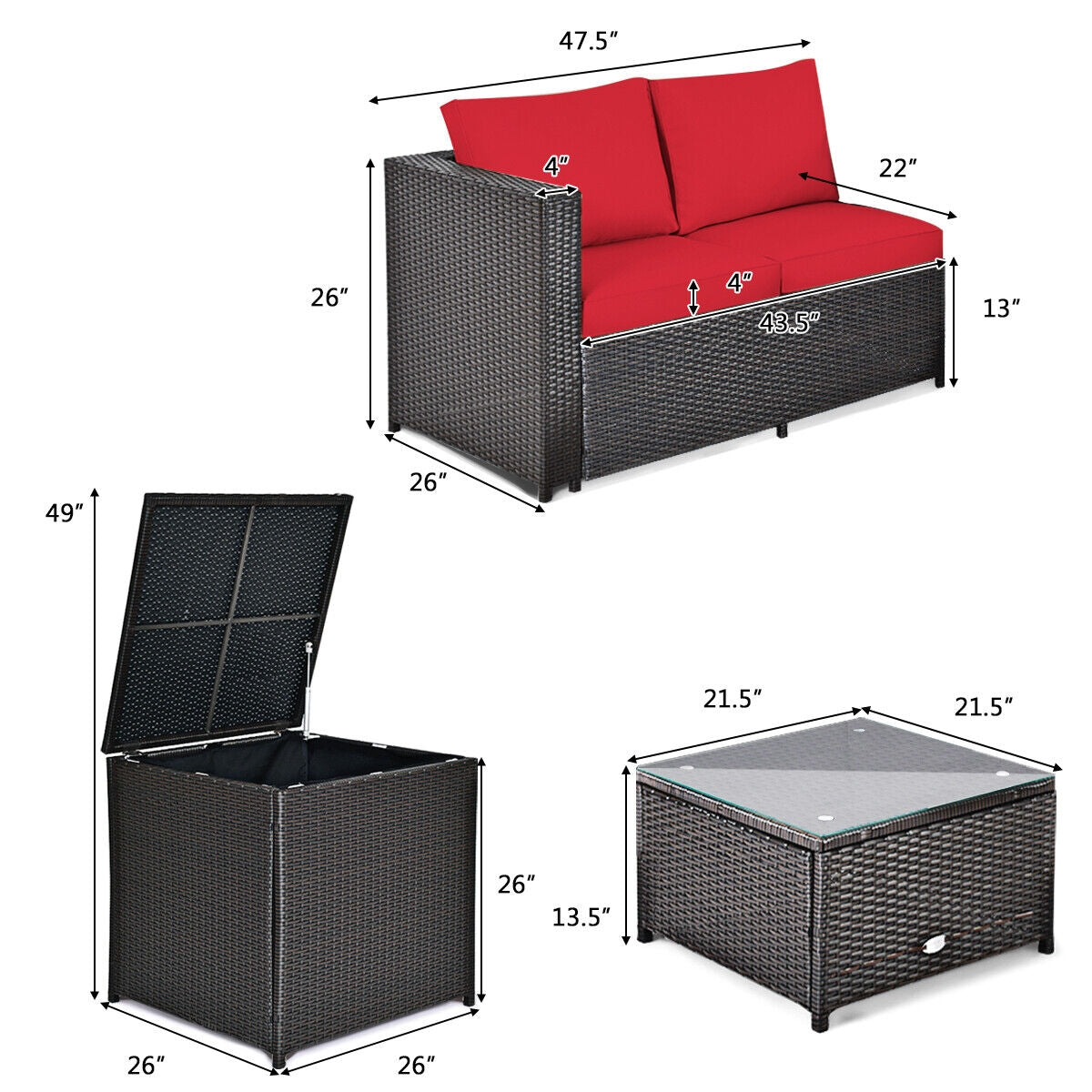 4 Pieces Outdoor Patio Rattan Furniture Set with Cushioned Loveseat and Storage Box, Red Outdoor Sectionals   at Gallery Canada