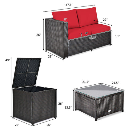 4 Pieces Outdoor Patio Rattan Furniture Set with Cushioned Loveseat and Storage Box, Red Outdoor Sectionals   at Gallery Canada