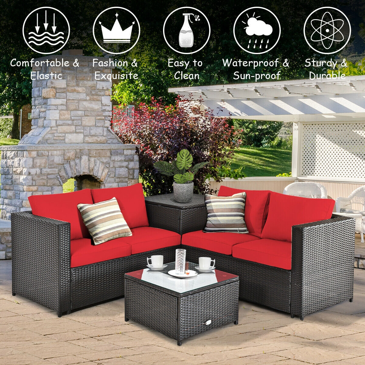 4 Pieces Outdoor Patio Rattan Furniture Set with Cushioned Loveseat and Storage Box, Red Outdoor Sectionals   at Gallery Canada