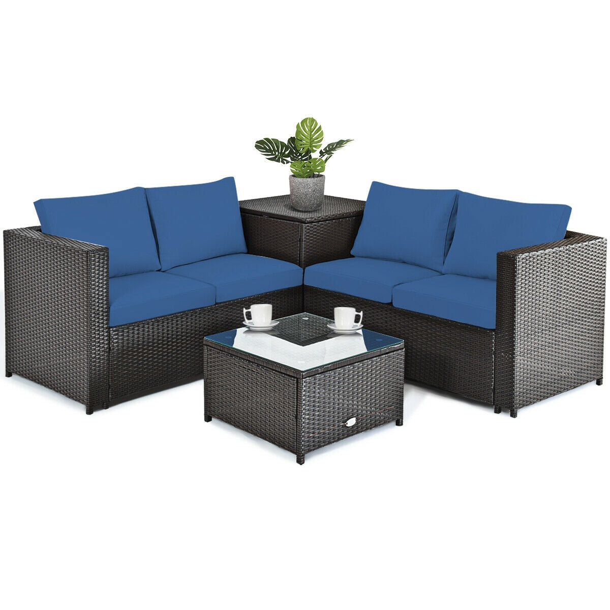 4 Pieces Outdoor Patio Rattan Furniture Set with Cushioned Loveseat and Storage Box, Navy Outdoor Sectionals   at Gallery Canada