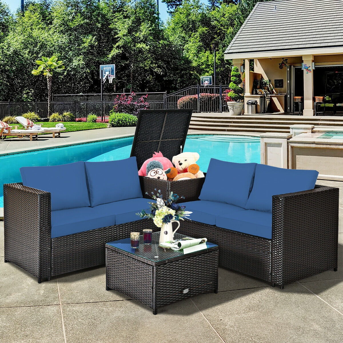 4 Pieces Outdoor Patio Rattan Furniture Set with Cushioned Loveseat and Storage Box, Navy Outdoor Sectionals   at Gallery Canada