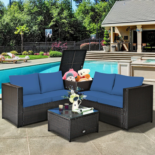 4 Pieces Outdoor Patio Rattan Furniture Set with Cushioned Loveseat and Storage Box, Navy Outdoor Sectionals Navy  at Gallery Canada