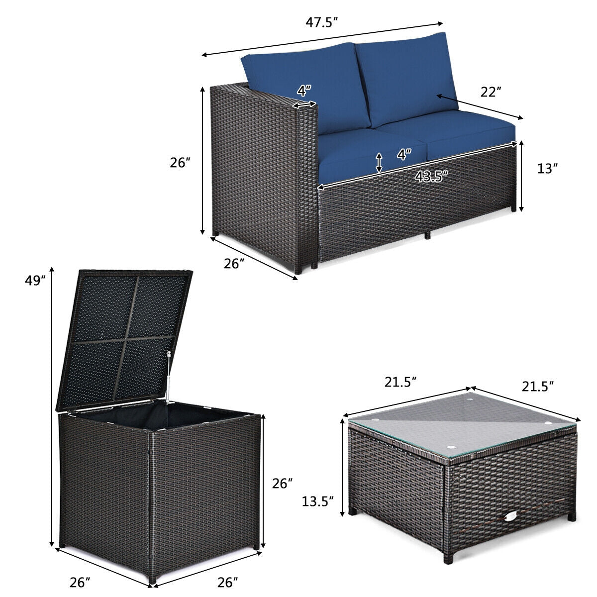 4 Pieces Outdoor Patio Rattan Furniture Set with Cushioned Loveseat and Storage Box, Navy Outdoor Sectionals   at Gallery Canada