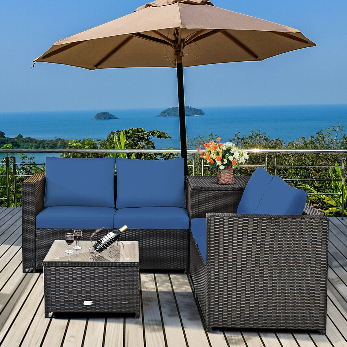 4 Pieces Outdoor Patio Rattan Furniture Set with Cushioned Loveseat and Storage Box, Navy Outdoor Sectionals   at Gallery Canada