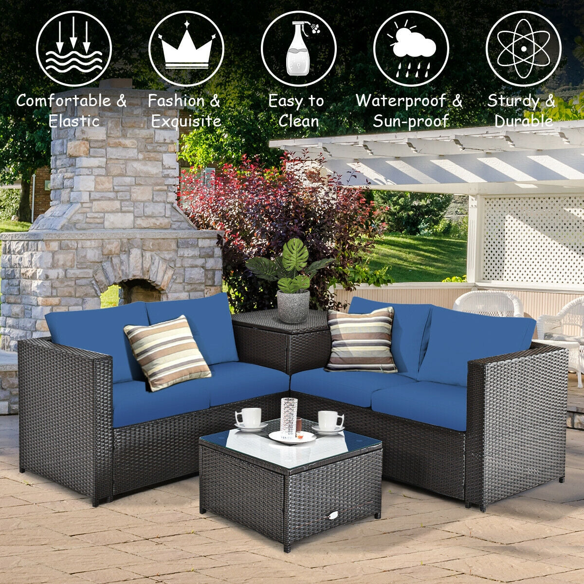 4 Pieces Outdoor Patio Rattan Furniture Set with Cushioned Loveseat and Storage Box, Navy Outdoor Sectionals   at Gallery Canada