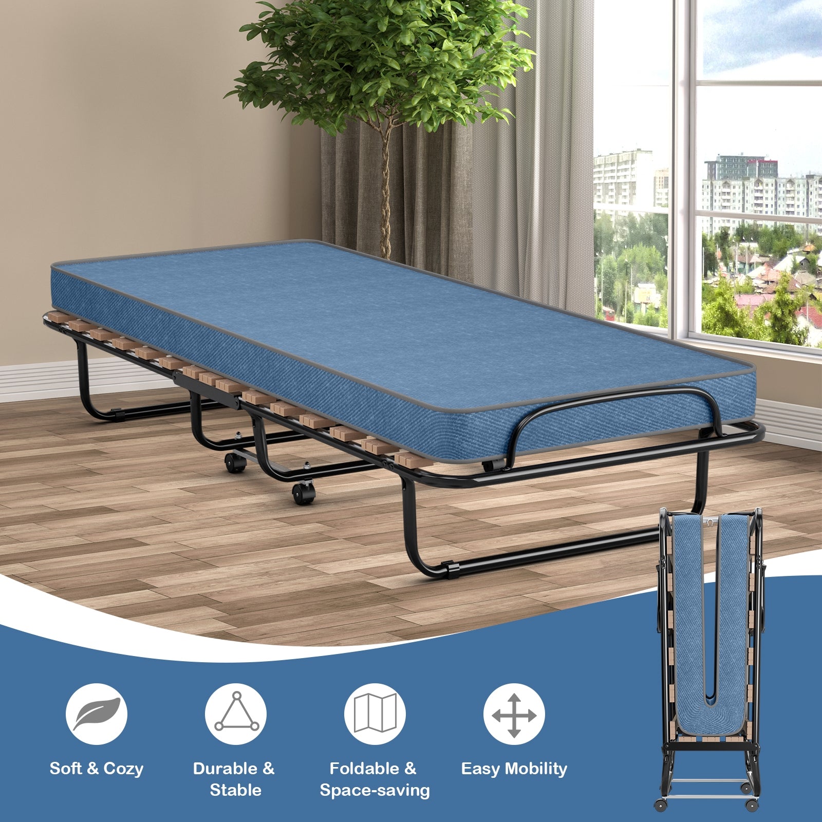 Portable Folding Bed with Memory Foam Mattress and Sturdy Metal Frame Made in Italy, Navy Folding Beds at Gallery Canada