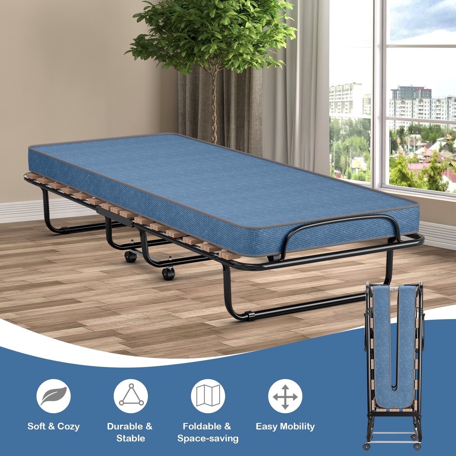 Portable Folding Bed with Memory Foam Mattress and Sturdy Metal Frame Made in Italy, Navy Folding Beds   at Gallery Canada