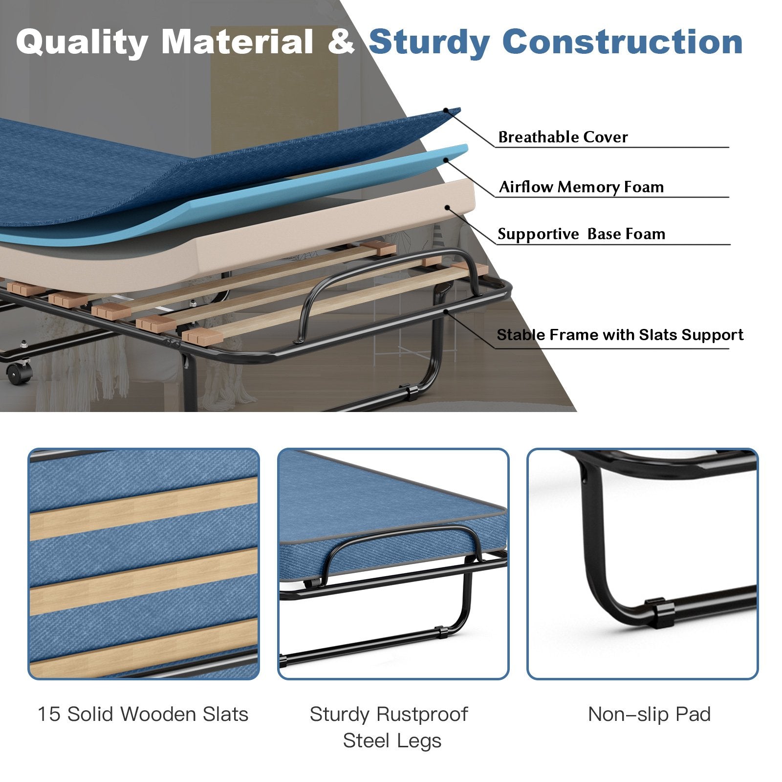 Portable Folding Bed with Memory Foam Mattress and Sturdy Metal Frame Made in Italy, Navy Folding Beds   at Gallery Canada