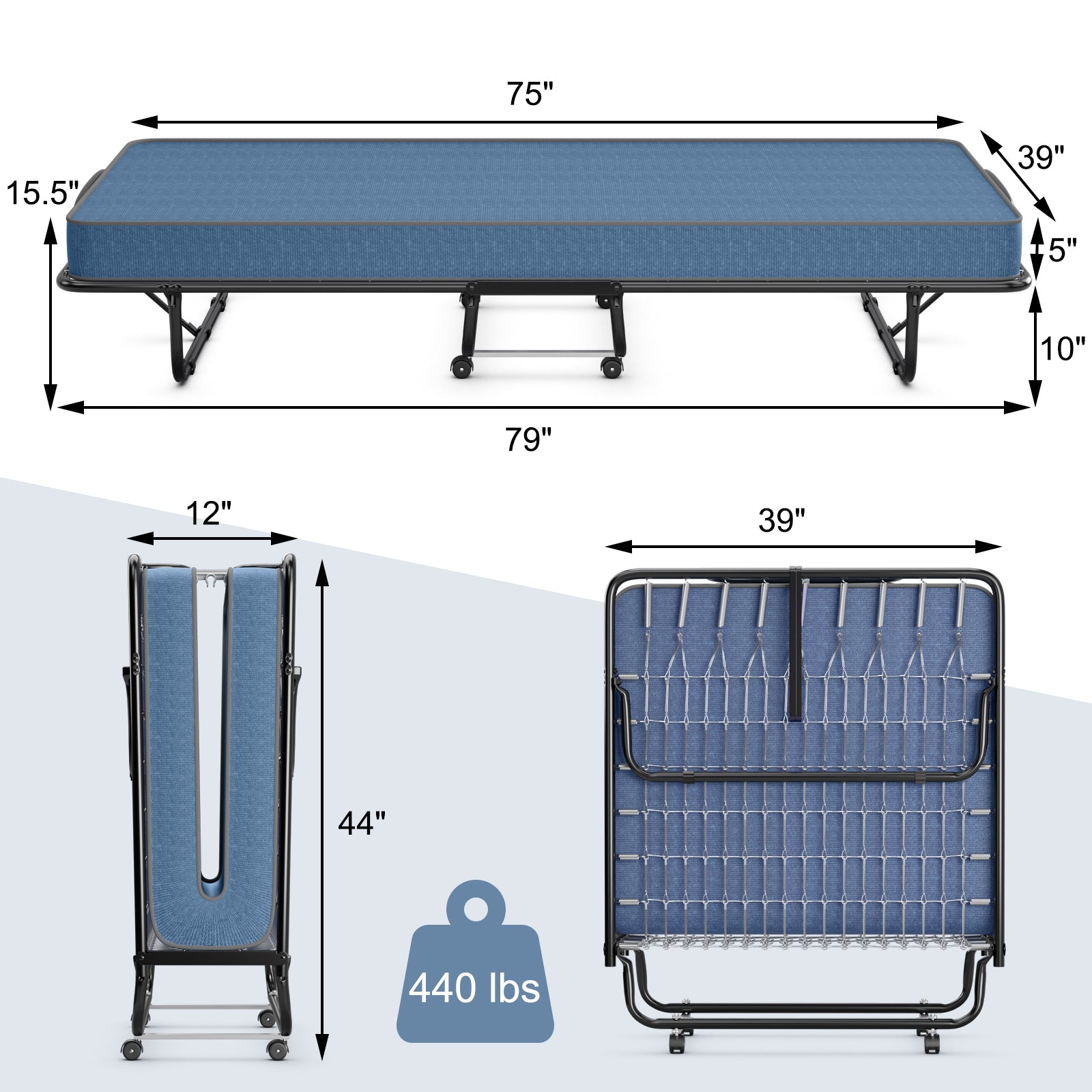 Portable Folding Bed with Memory Foam Mattress and Sturdy Metal Frame Made in Italy, Navy Folding Beds at Gallery Canada