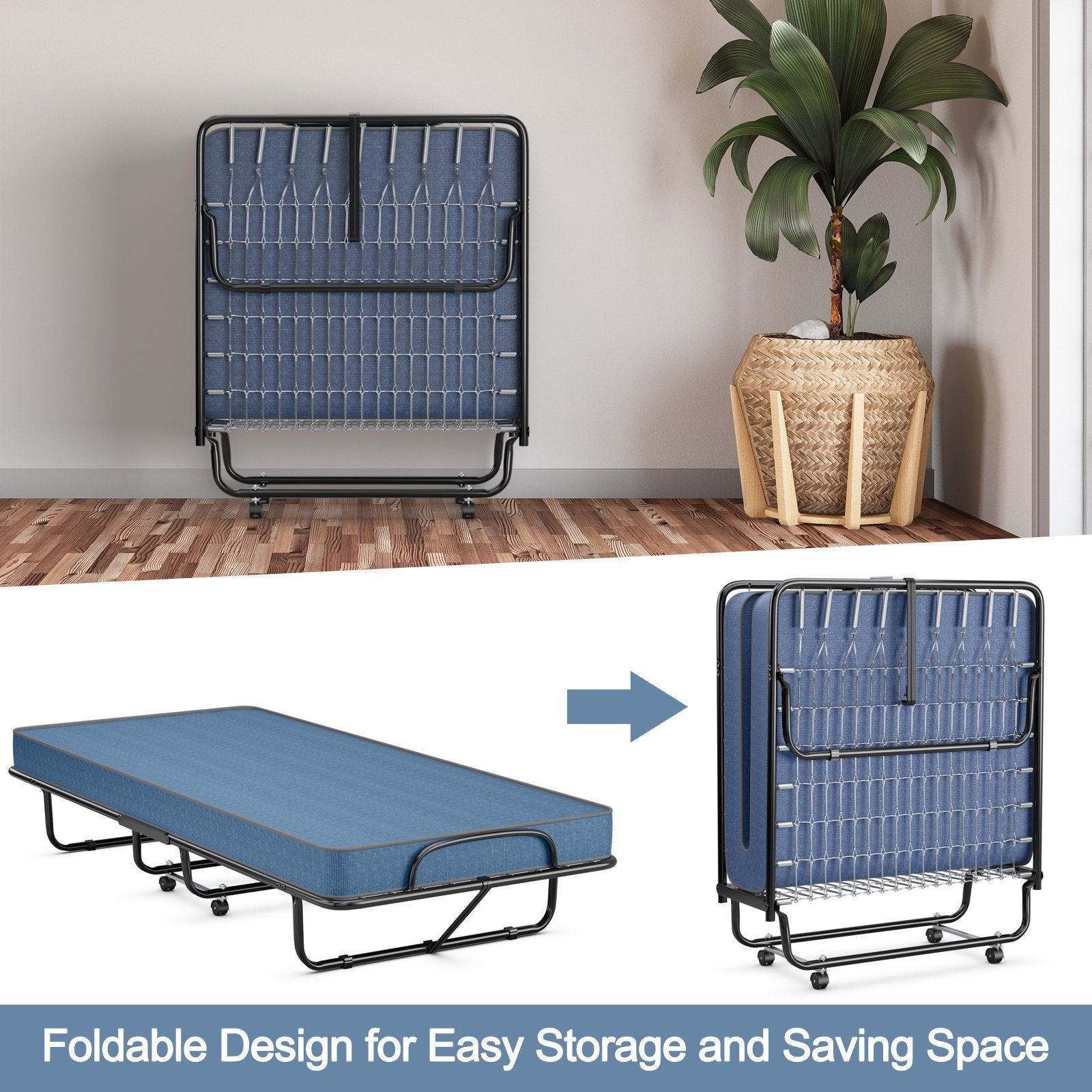 Rollaway Guest Bed with Sturdy Steel Frame and Memory Foam Mattress Made in Italy, Navy Folding Beds   at Gallery Canada