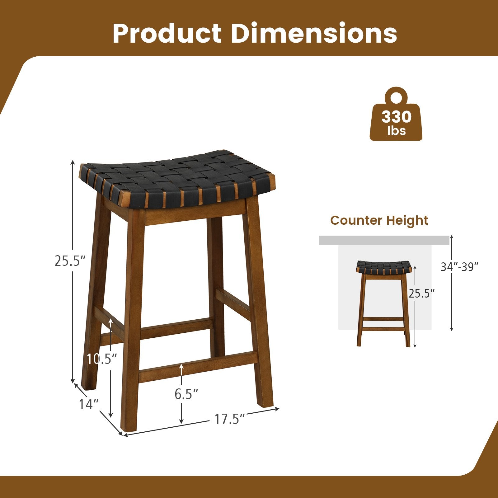 Faux PU Leather Bar Height Stools Set of 2 with Woven Curved Seat-25 Inches Bar Stools   at Gallery Canada