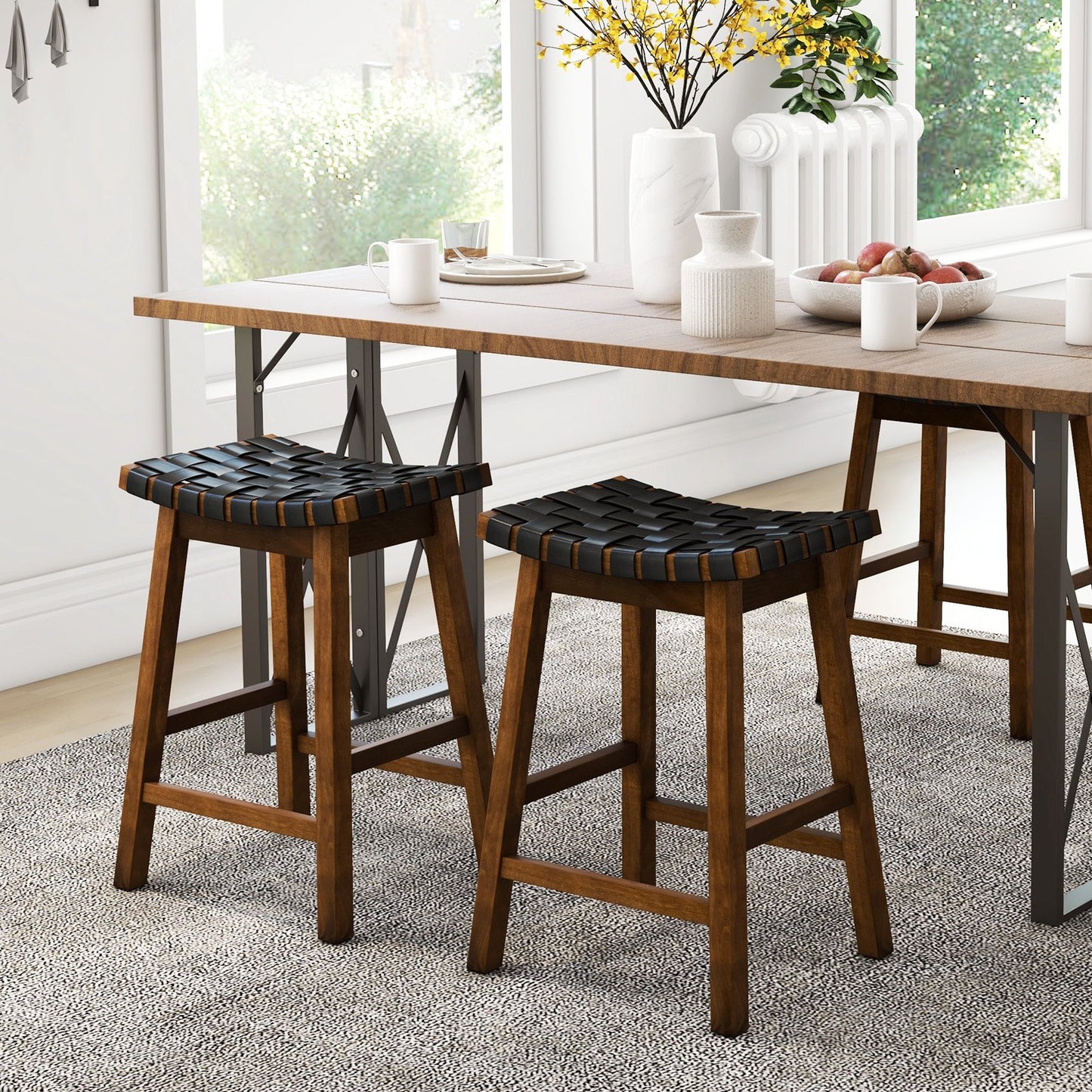 Faux PU Leather Bar Height Stools Set of 2 with Woven Curved Seat-25 Inches Bar Stools   at Gallery Canada