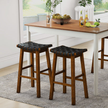 Faux PU Leather Bar Height Stools Set of 2 with Woven Curved Seat-29 Inches Bar Stools   at Gallery Canada