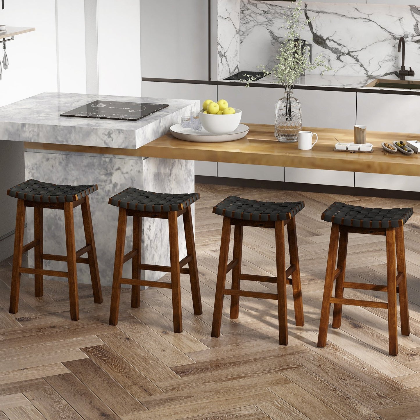 Faux PU Leather Bar Height Stools Set of 2 with Woven Curved Seat-29 Inches Bar Stools   at Gallery Canada